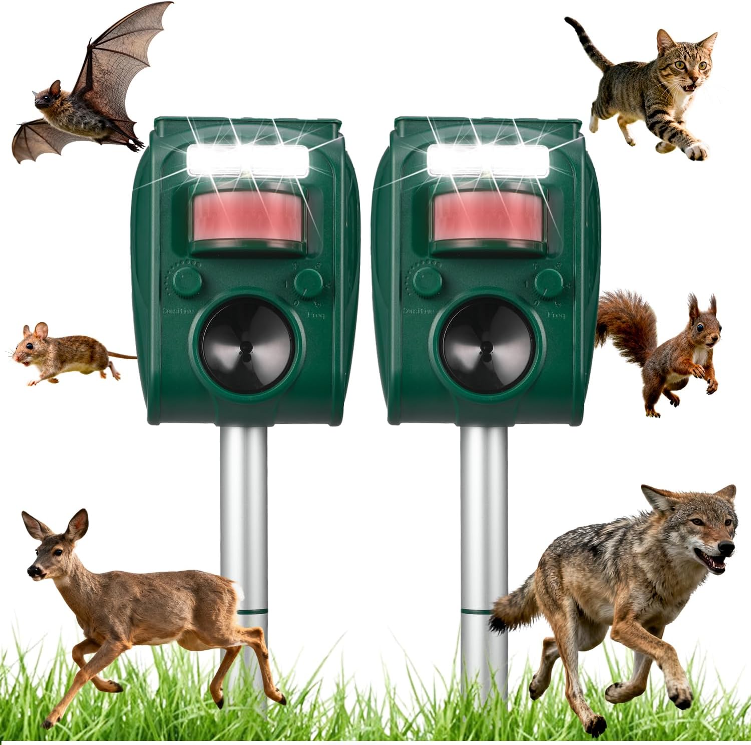 Solar Ultrasonic Animal Repeller, Motion Activated Cat Dog Deer Squirrel Raccoon Bird Skunk Deterrent with PIR Sensor & Flash Light, IP65 Waterproof Outdoor Repellent for Garden Yard, 2 Pack