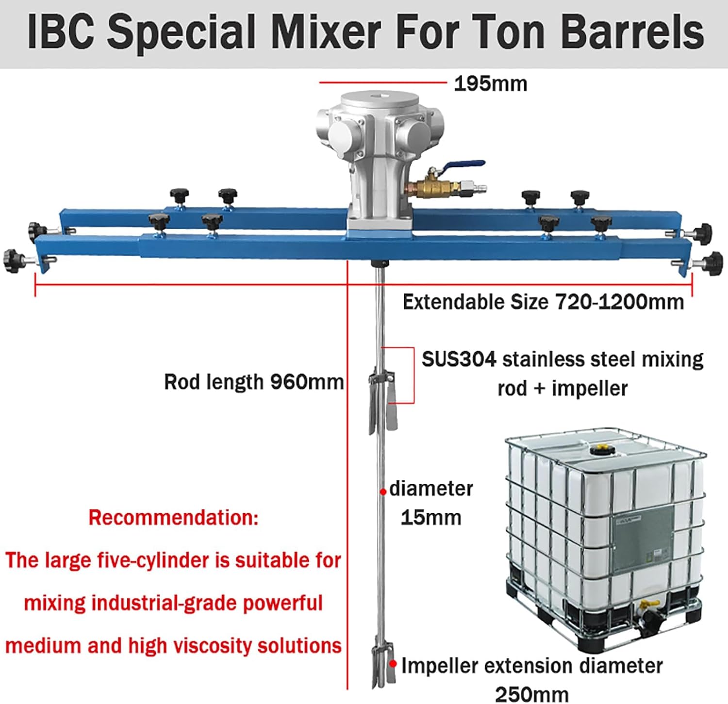 1HP Pneumatic Paint Mixer for IBC Drum, Coat Mixer Bracket Air Agitator Stirring Machine for 265 Gallon IBC, Suitable Viscosicty Less Than 7000CP