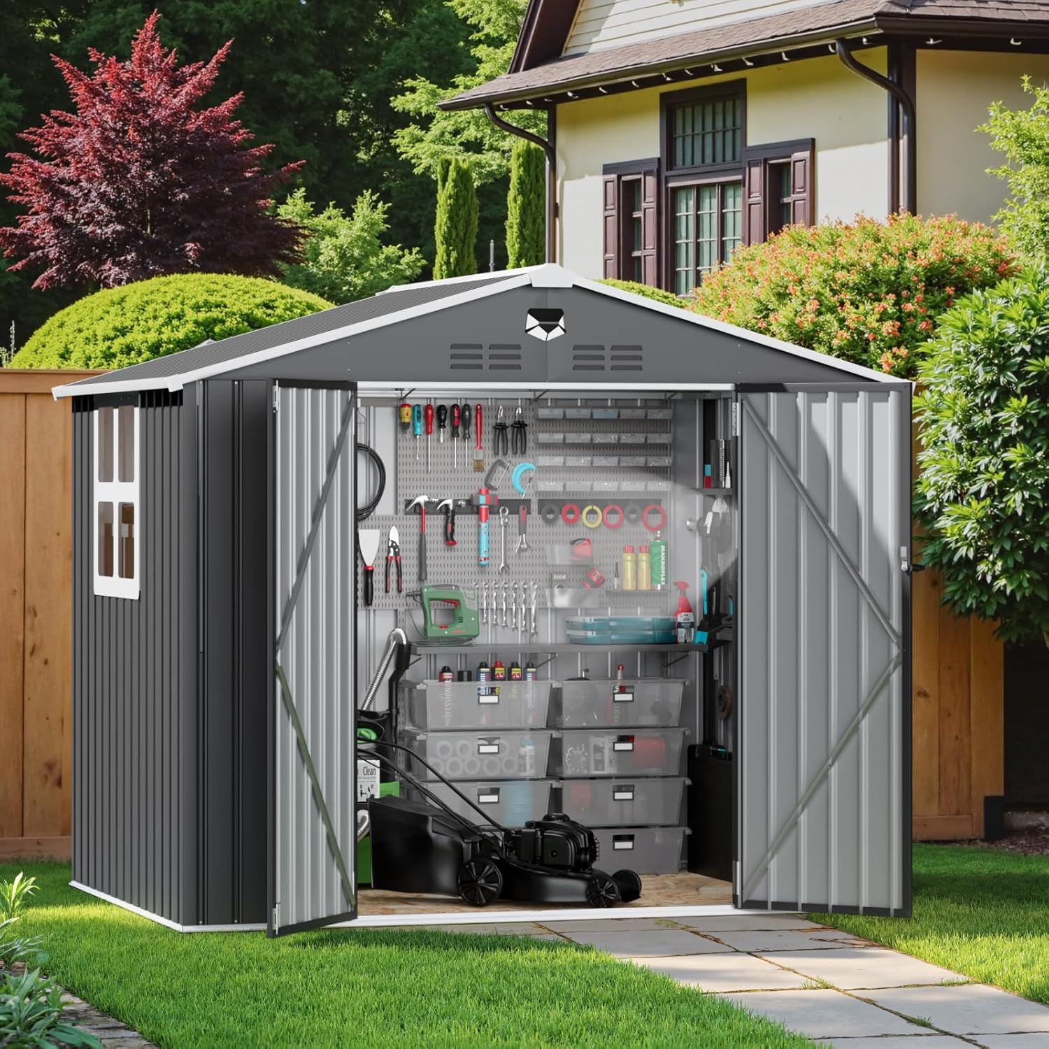 8x6 FTMetal Storage Shed, Outdoor Tool Sheds with Lockable Door & 1 Window, Large Heavy Duty Tool Sheds, Outside Waterproof Storage Building