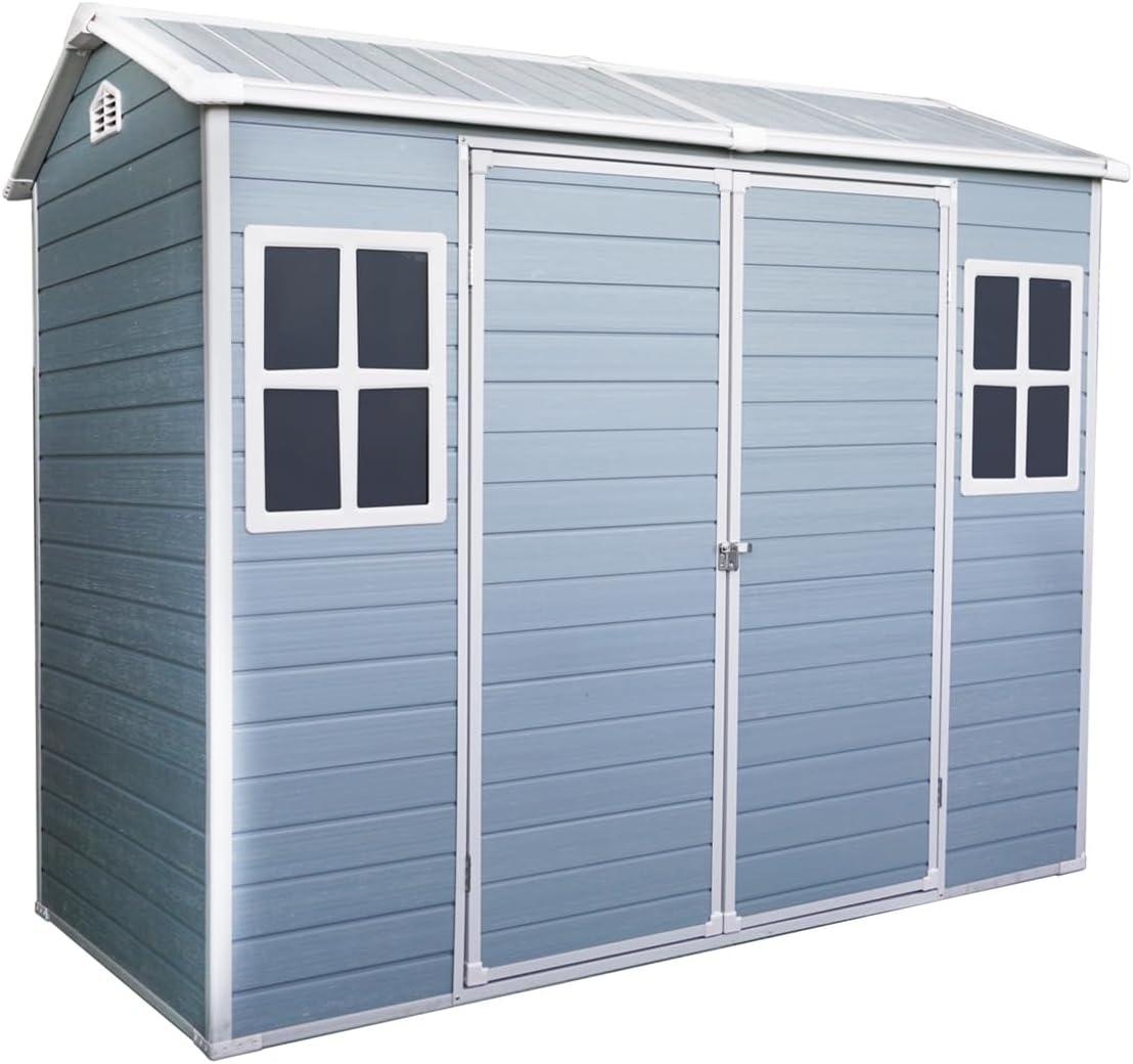 8 FT x 4 FT Outdoor Storage Shed with Two-Window and Double-Door, Plastic Shed with Floor for Gargen, Patio, Yard, Lawn