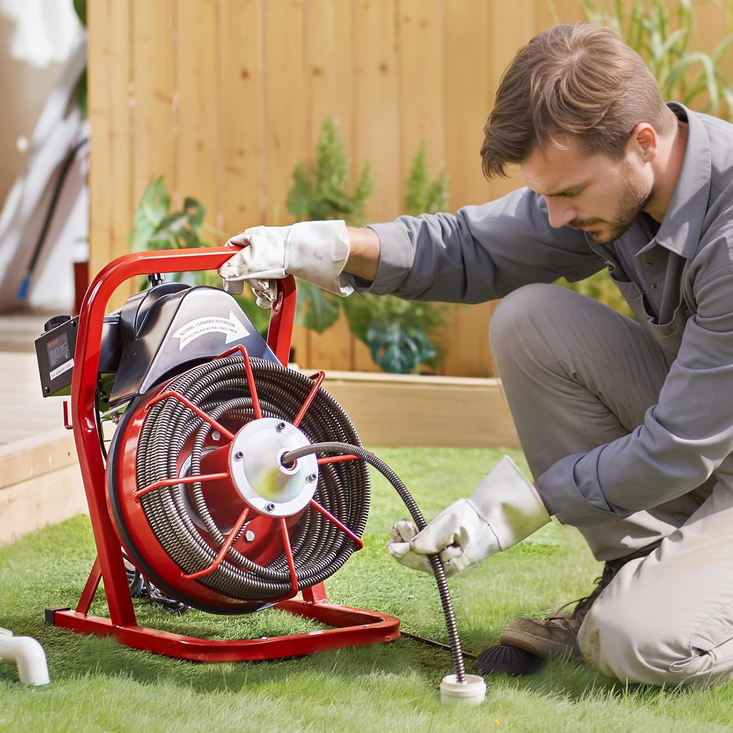 VEVOR Drain Cleaner Machine 75FT x 1/2 Inch, Sewer Snake Auger Manual Feed, 370W Electric Drain Cleaning Machine with 4 Cutters & Air-activated Foot Switch for 2