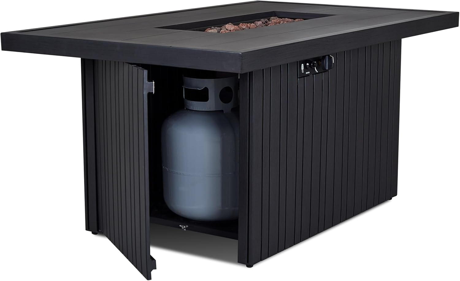 Real Flame Calvin 52in Rectangle Propane Fire Pit Table, 50,000 BTU, Hidden Tank Storage, Aluminum, Push-Button Ignition, CSA Certified, Lava Rock, Storage Cover, Stainless Steel Burner with Lid