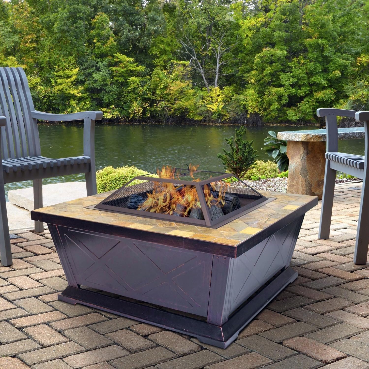 Maykoosh 36 Inch Square Steel Fire Pit - Outdoor Patio Heater with Slate Hearth & Bronze Finish