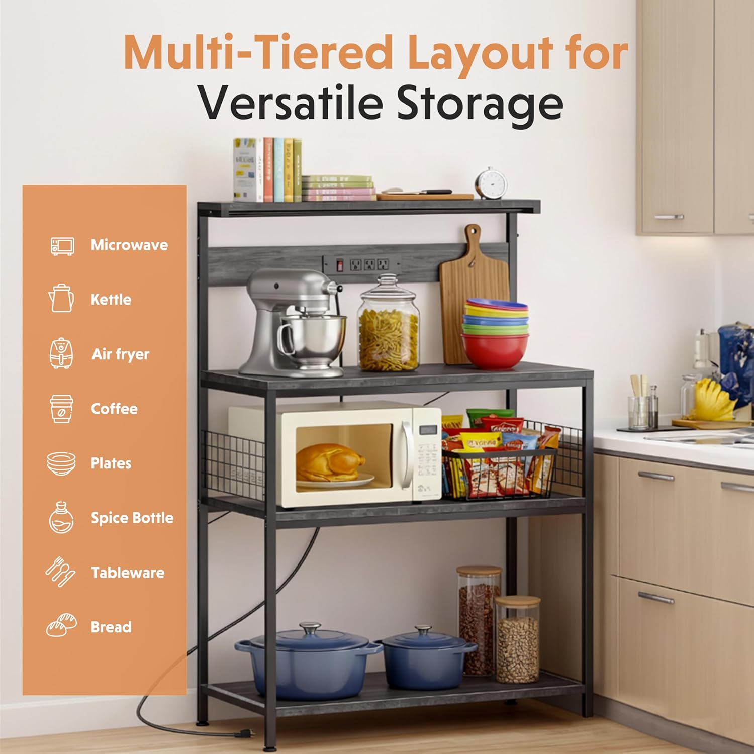 Simple Deluxe Kitchen Bakers Rack with Power Outlet, Coffee Bar Accessories Table, 4-Tier Adjustable Storage Shelf for Spices, Freestanding Appliance Organizer, 31.5 Inch, Gray