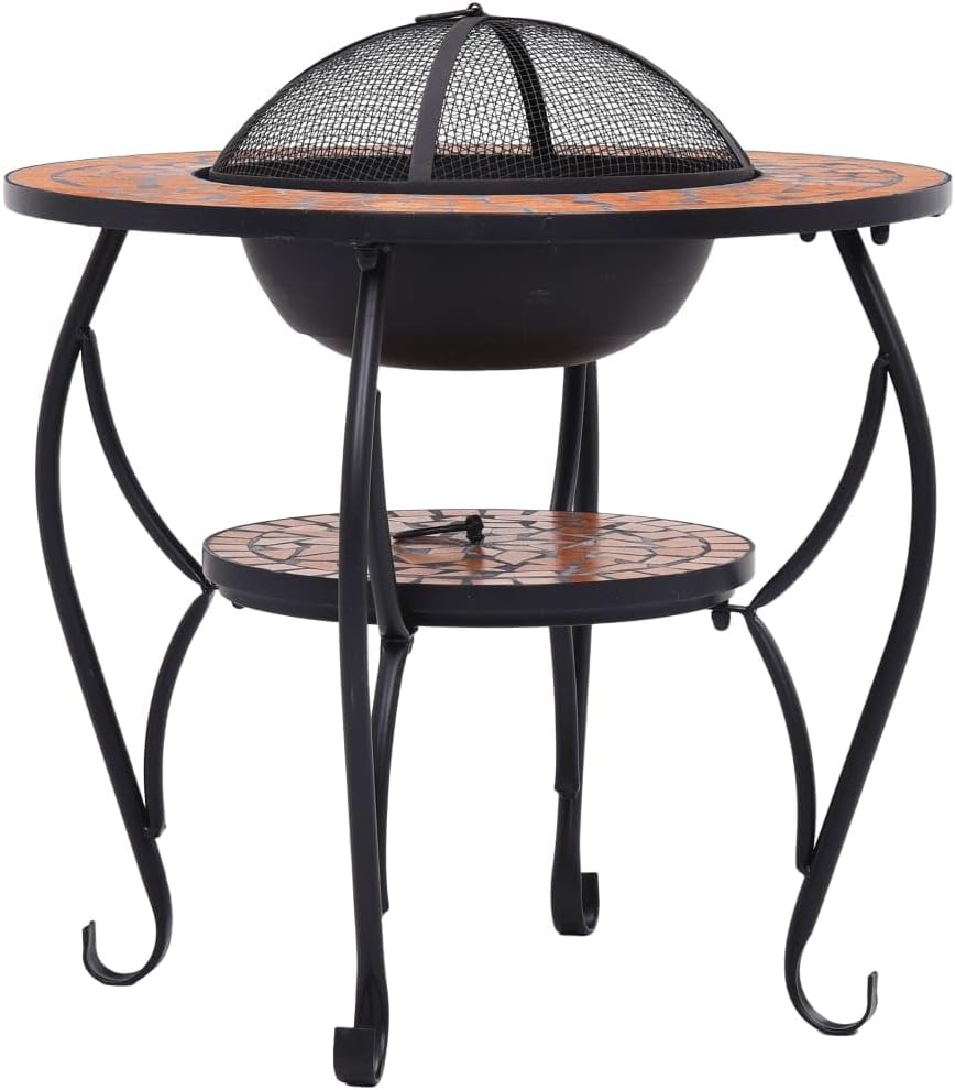 Mosaic Fire Pit Table 26.8 Inch Outdoor Ceramic Patio Heater with Mesh Cover and BBQ Grill for Garden Backyard Warm Decor Terracotta Steel
