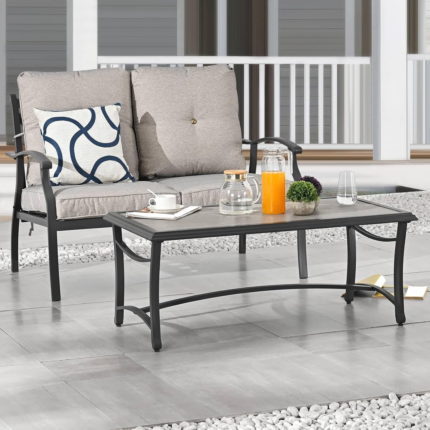 Patio Conversation Set Metal Outdoor Furniture Sets 2-Seater Loveseat with Metal Coffee Table Thick Cushions Galvanized Steel Frame (Grey)