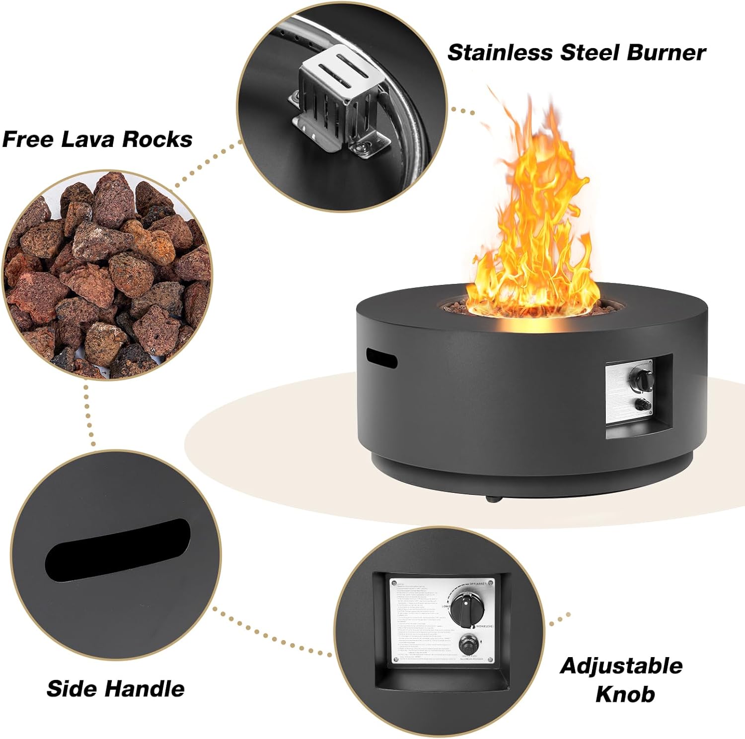 30-inch Outdoor Propane Fire Pit Table Round - Modern Gas Fire Pits Patio Heavy-Duty Firepit 50,000 BTU Fire Table with Tank Cover for Deck, Backyard and Pool, Black