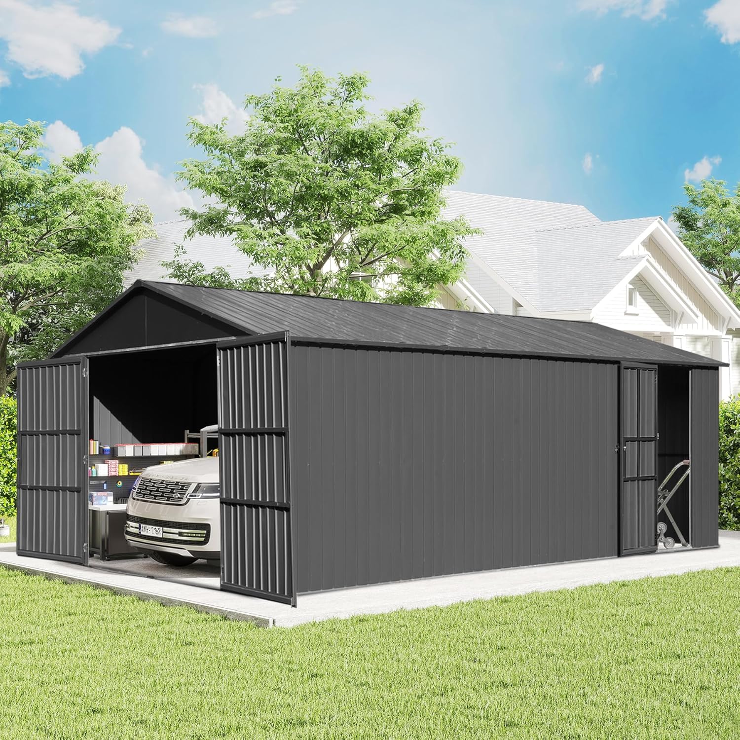 12x15FT Metal Storage Shed, Metal Garage Shed or Heavy Duty Carport, Lockable Double Hinged Doors, Extra Large Car Shelter for Car Truck Motorcycle Lawn Equipment, Wind Resistant