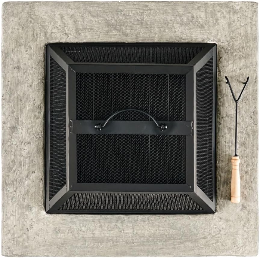 28-inch Outdoor Wood Burning Fire Pit with Natural Stone Finish, Fire Bowl with Lid, Mesh Cover & Poker Tool for Patio, Backyard, Garden