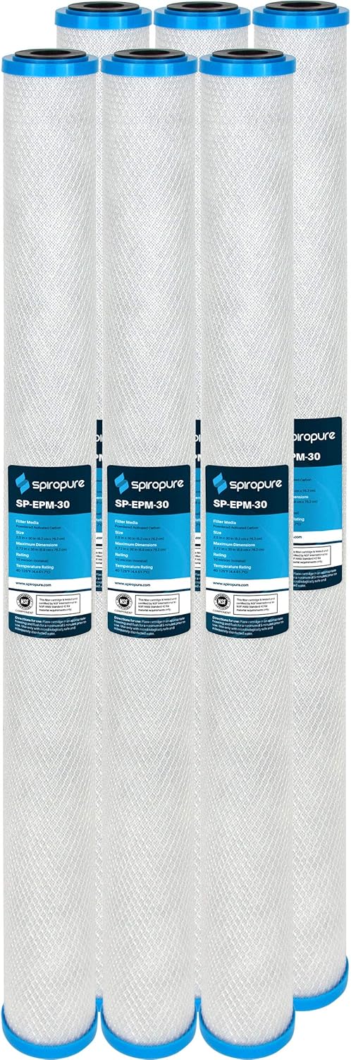 SpiroPure SP-EPM-30 30x2.5 10 Micron NSF Certified Coconut Shell Carbon Block Water Filter Cartridge CFB-30 255673-43 (Case of 6)