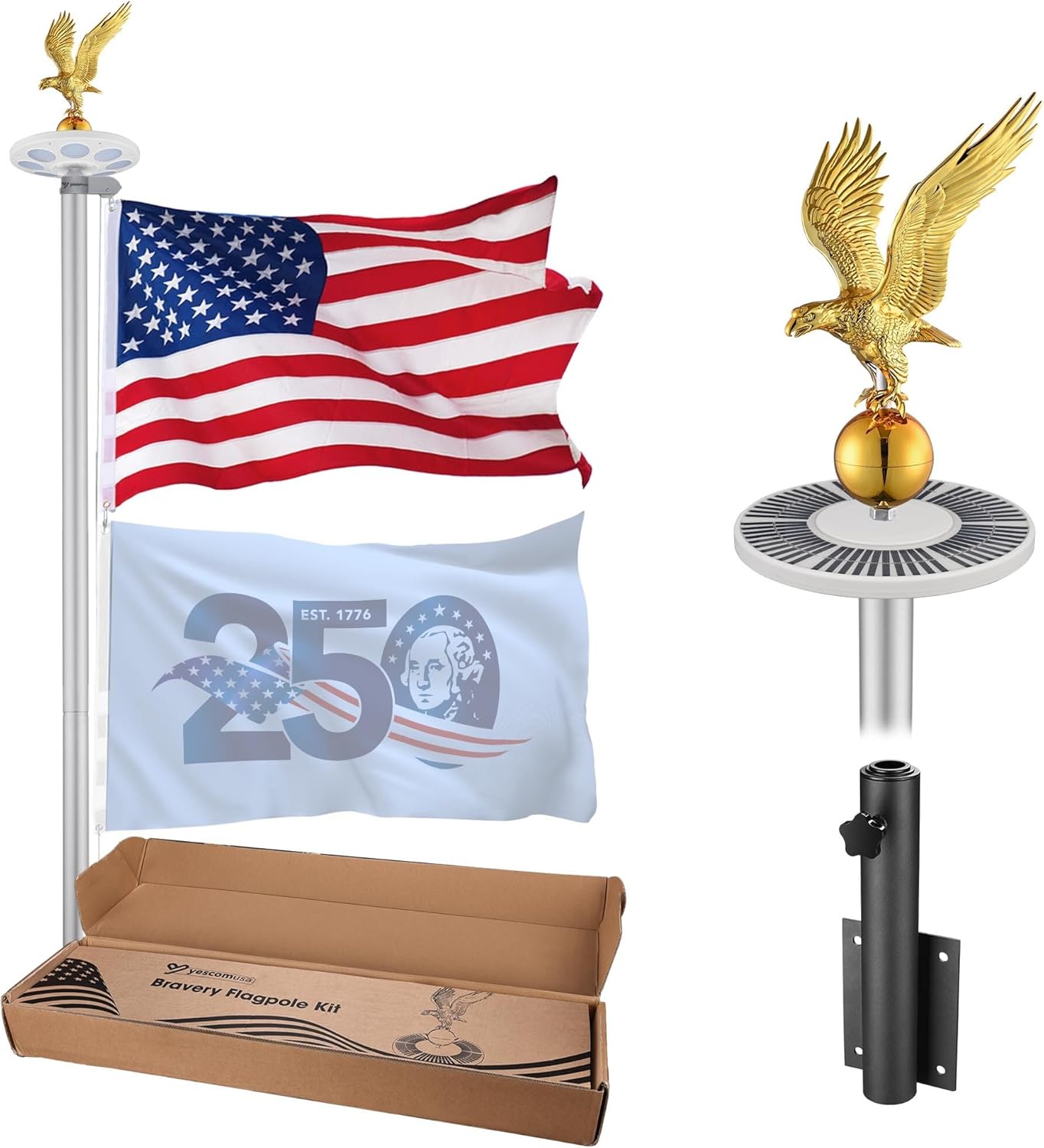 Yescom Bravery MEGA 25 Ft Flag Pole Kit with Solar Light & Deck Mount for Outside House 13 Gauge Heavy Duty Aluminum Sectional Inground Flagpole for High Wind Outdoor Patio Dock Side Silver