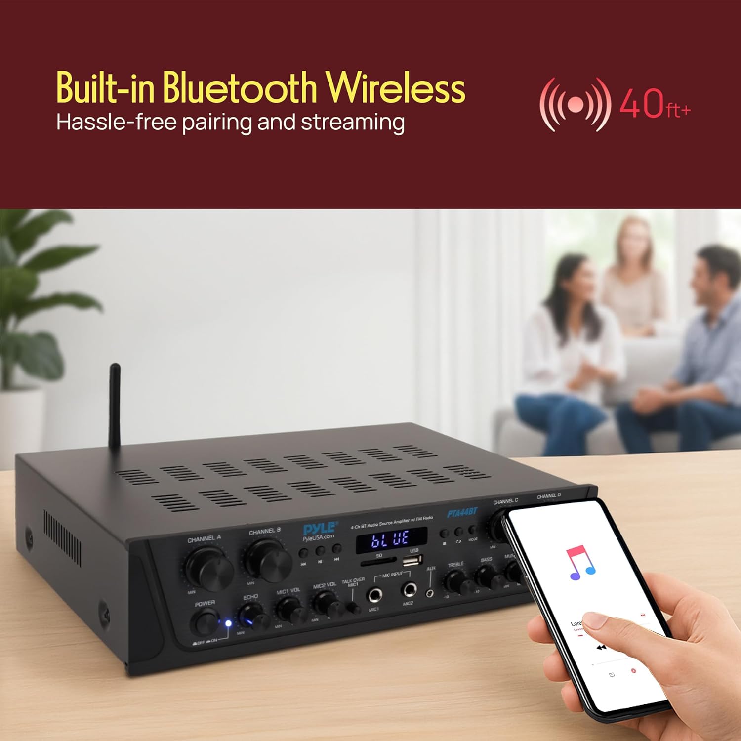 Pyle 500W 4-Channel Karaoke Bluetooth Amplifier / Home Stereo Receiver for Wireless Music Streaming - with AUX - FM - RCA - Sub Out - USB - A / SD MP3 Player - Mic Input with Echo, Vol, Talk-Over