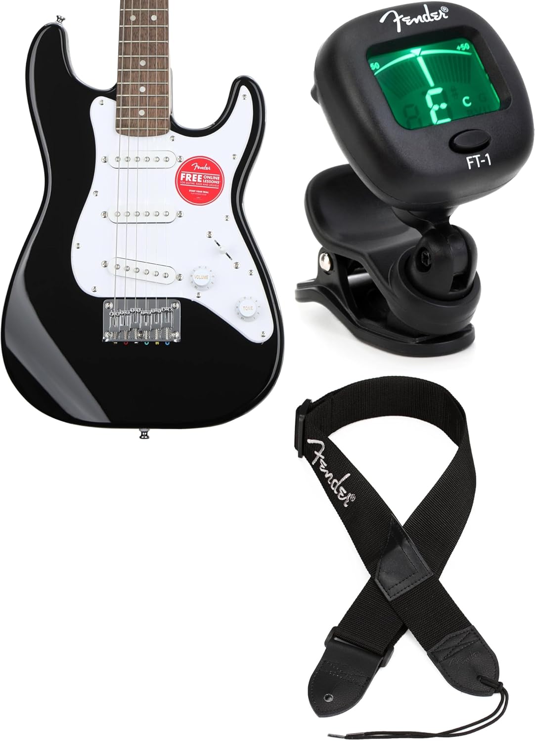 Fender Squier Mini Stratocaster Electric Guitar - Black, Laurel Fingerboard, Includes Tuner and Strap, Ideal for Beginners, Kids, and Travel-Friendly Design