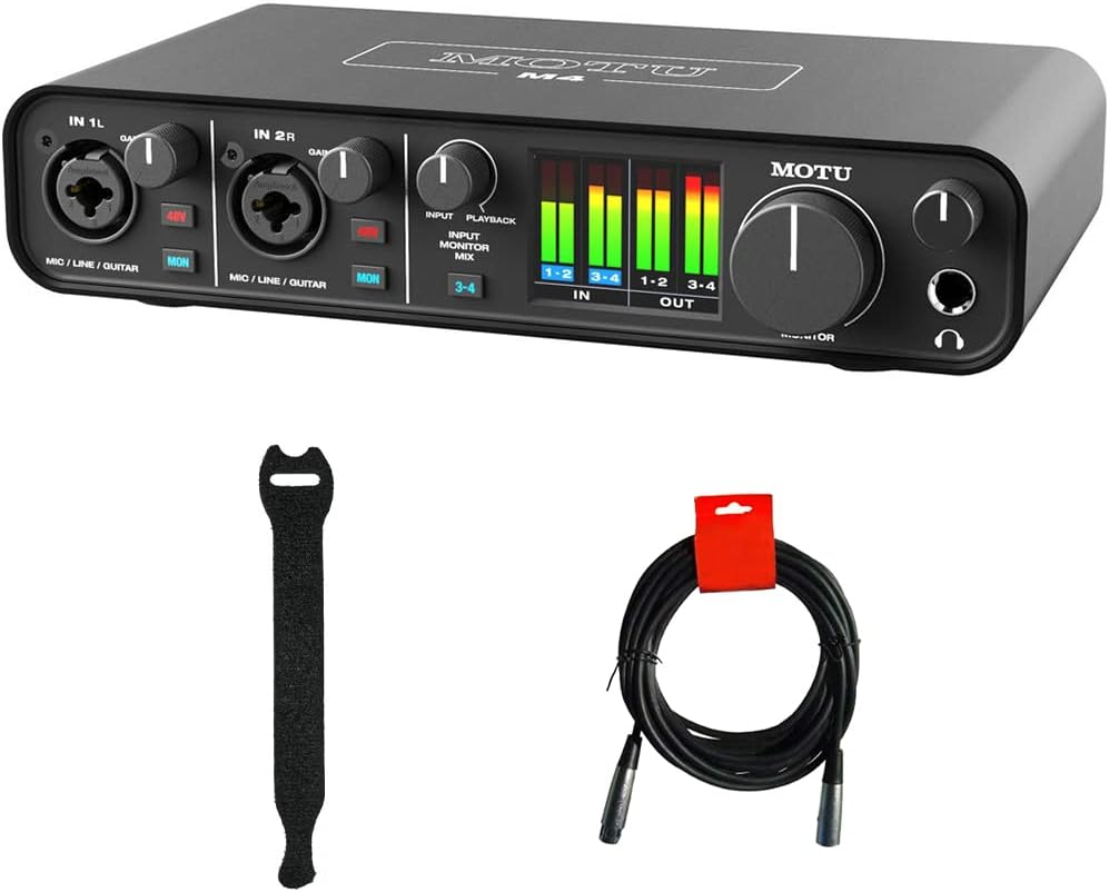 MOTU M4 Desktop 4x4 USB Type-C Audio-MIDI Interface Bundle with XLR-XLR Cable and 10-Pack Straps