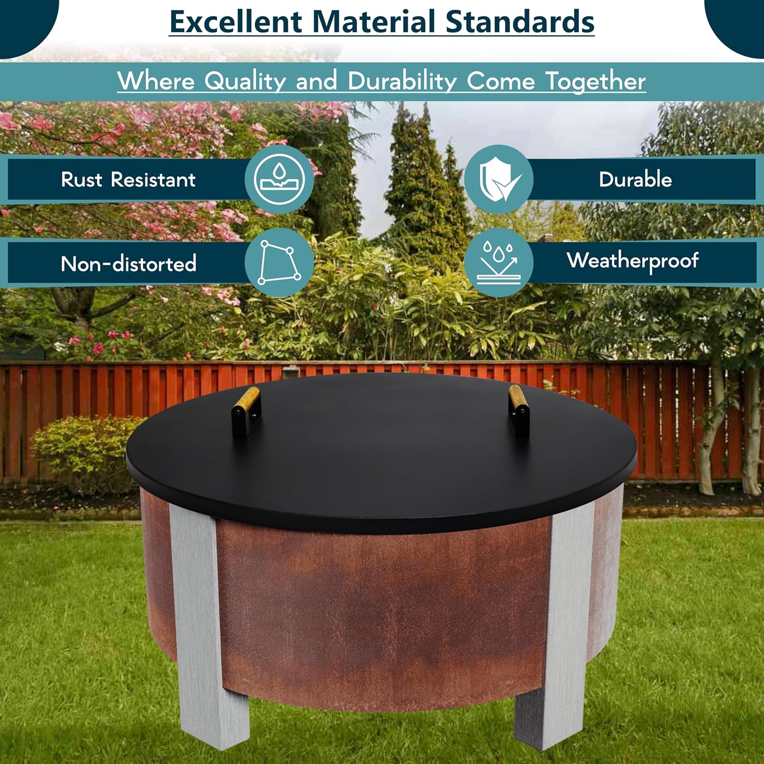 35” Fire Pit Cover Lid Round - Fit for 34.5 Round Fire Pit Lid for Outdoor Fireplace Cover Lid Steel fire Pit Metal Cover W/ 2 Wooden Handles & Heat Resistant Snuffer Lid for Patio Fire Pit Ring