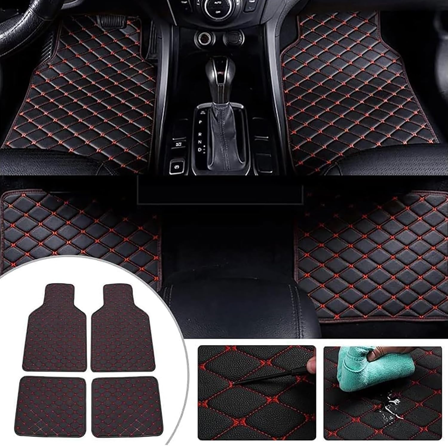 4 Pcs Leather Car Floor Mats for Audi A4 B5 1994 1995 1996 1997-2001, Custom Front Rear Row Foot Pads Liners Waterproof Anti-Slip Carpet Protection Interior Accessories,D/Black-Red