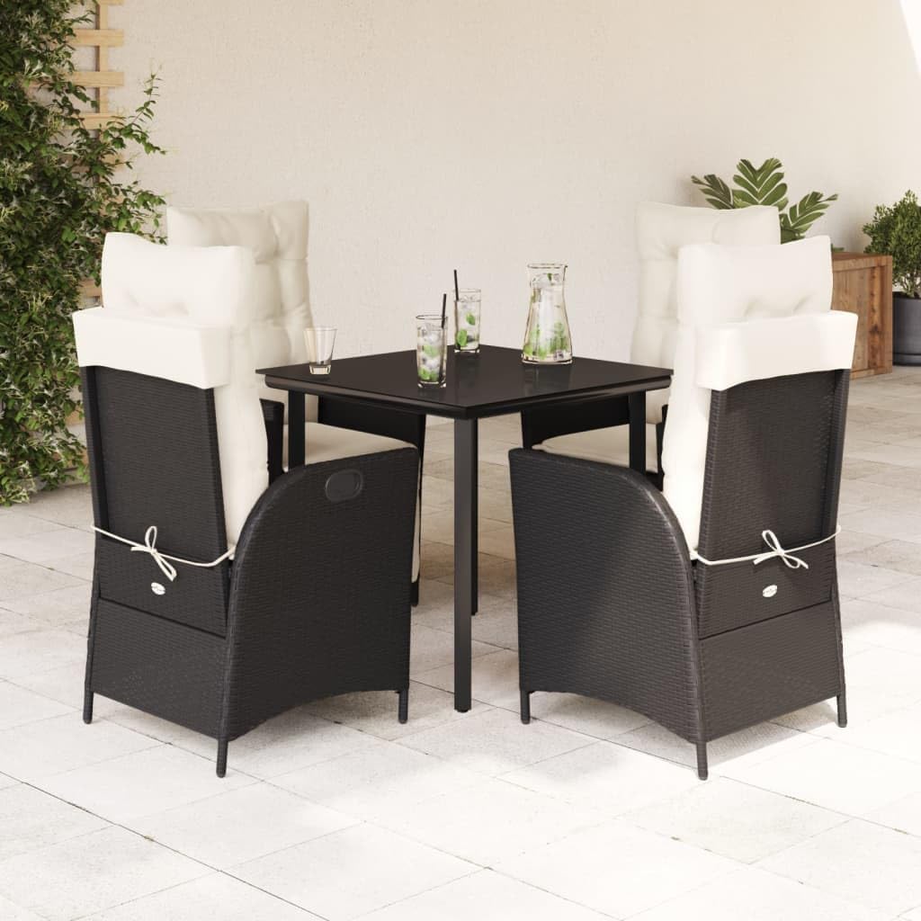 Furniture Sets 5 Piece Patio Dining Set with Cushions Black Poly Rattan,Outdoor Garden Dining Set with Adjustable Reclining Chairs and Tempered Glass Table Black Garden Conversation Sets