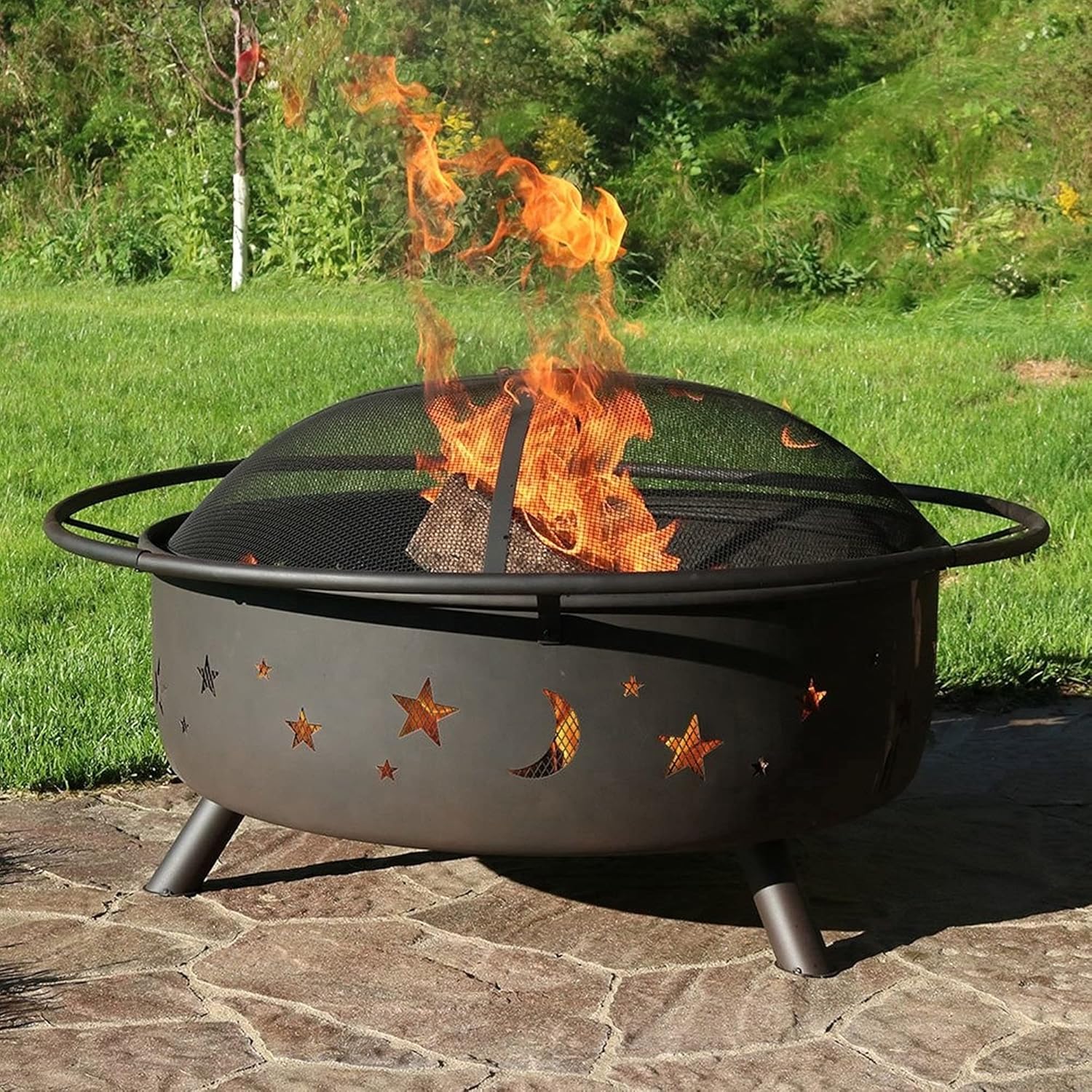 Portable Fire Pit & Bowl, Large Outdoor Fire Pit w/Spark Screen & Handle Ring, Bonfire Wood Burning Heating Basin, Round Firepit Heater