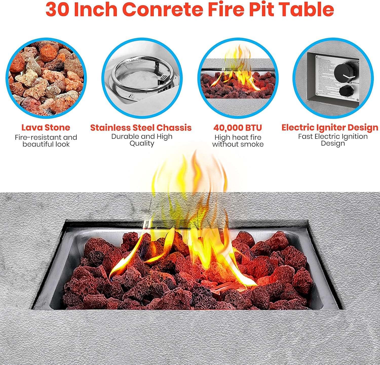 SereneLife Outdoor Propane Fire Pit Table - CSA/ETL Certified Safe 40,000 Pulse Ignition Weatherproof Square Propane Gas Fire Table - Adjustable Flame, Thermocouple - PVC Cover, Lava Rock - SereneLife