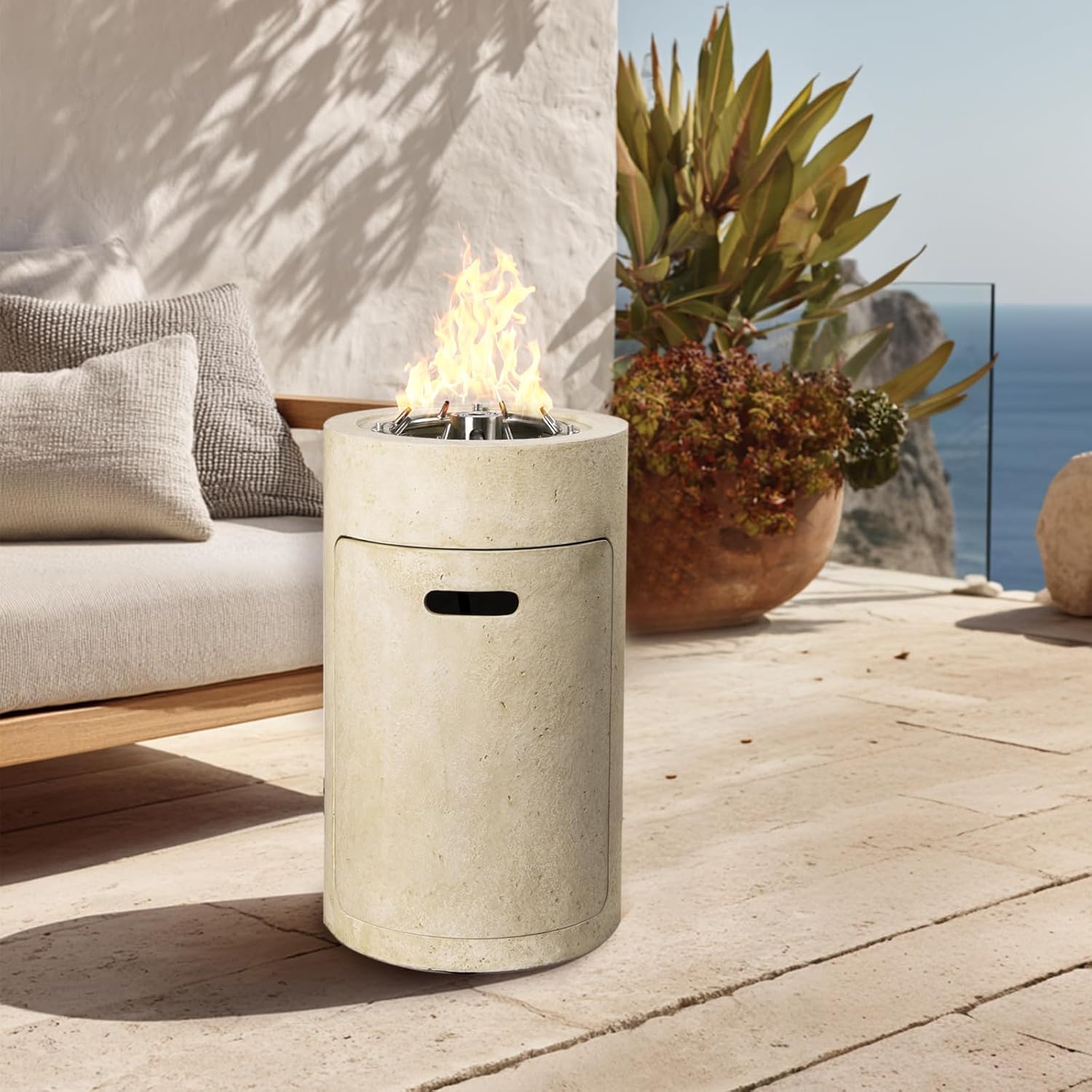 16 inch Propane Fire Column, 50,000 BTU Outside Gas Fire Pit with Glass Wind Guard, Lava Rocks for Outside Patio, Garden, Backyard