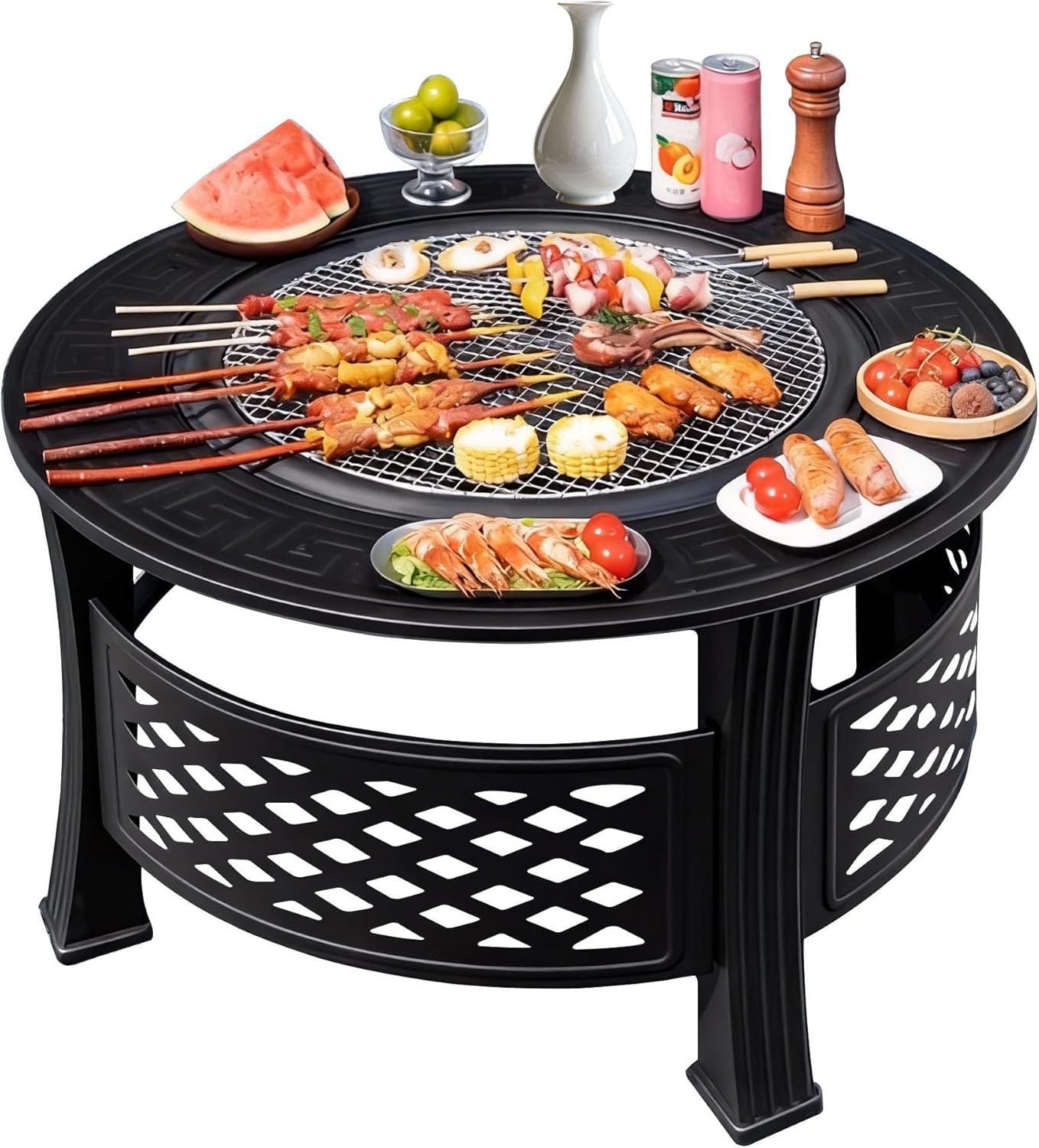 31.5 Inch Fire Pit with Grill, Wood Burning Fire Pits for Outside Garden with Lid, Fire Poker, BBQ & Outdoor Firepit & Round Metal Table for Camping, Picnic, Bonfire, Patio, Picnic, Party