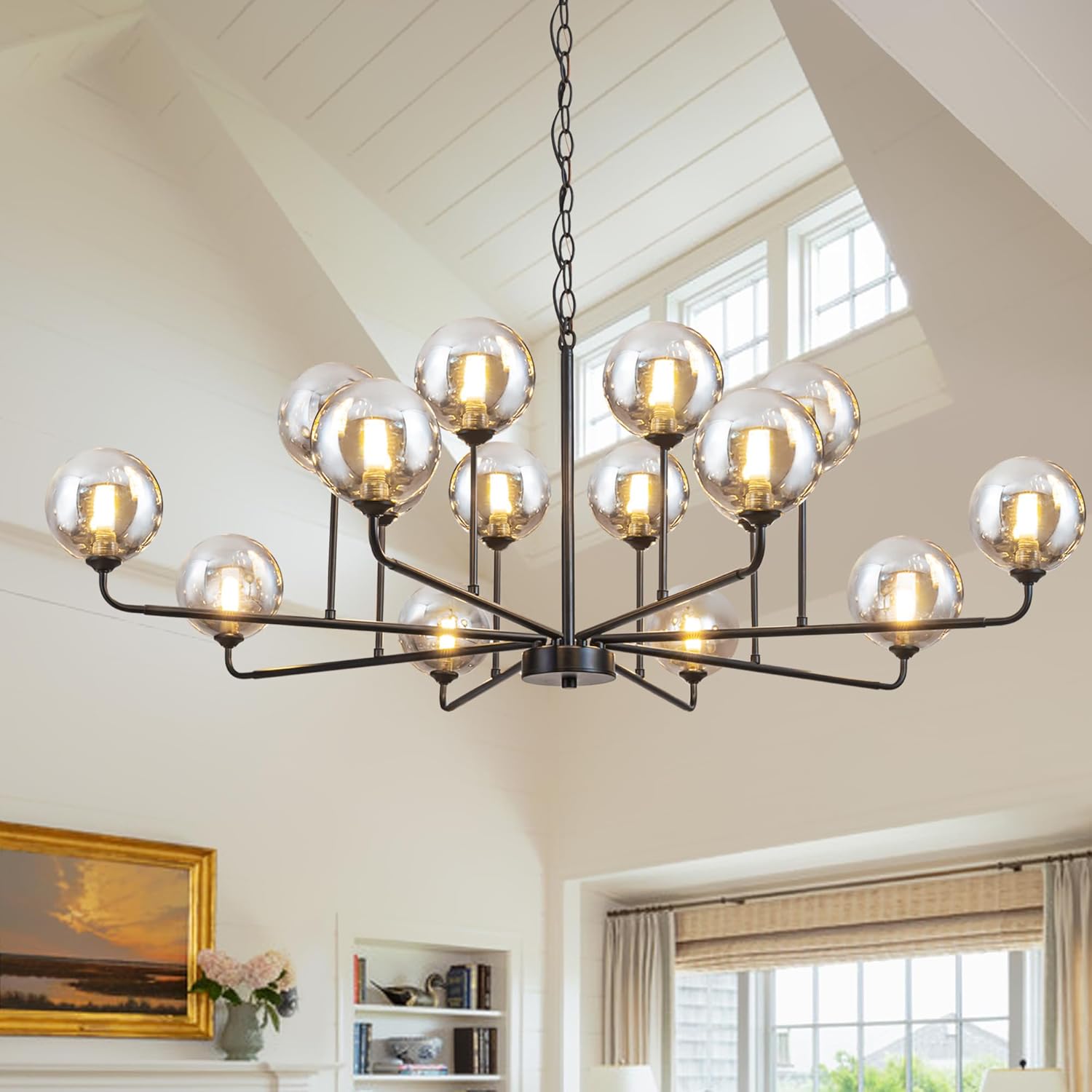 Large Chandeliers for High Ceilings 47.2IN Large Dining Room Chandelier with Smoky Gray Glass Globe Modern Black Chandeliers for Dining Room Large Chandelier Light Fixture for Entryway Living Room
