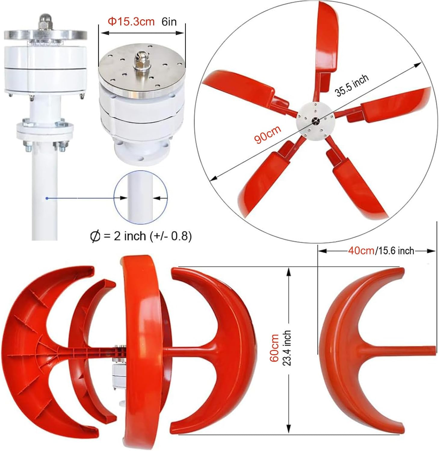 12V 24V 48V Wind Turbine Generator 12000W with Controller, 5 Blades Vertical Wind Generator Lantern Windmill Generator for Home Use,Red 12V