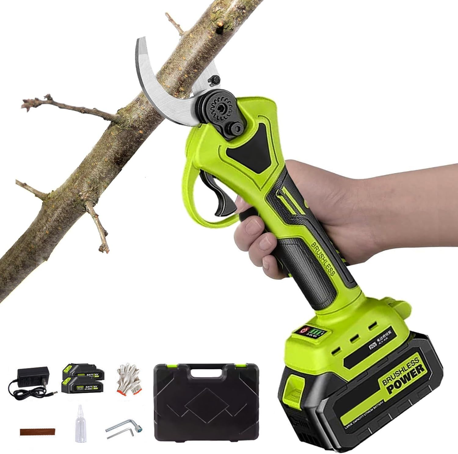 Upgraded Cordless Tree Branch Cutter with LED Display & SK5 Blades, Adjustable Cutting Diameter 12-50mm, Brushless Electric Pruning Shears for Gardening Tree Pruning(2 Batteries+Toolcase)
