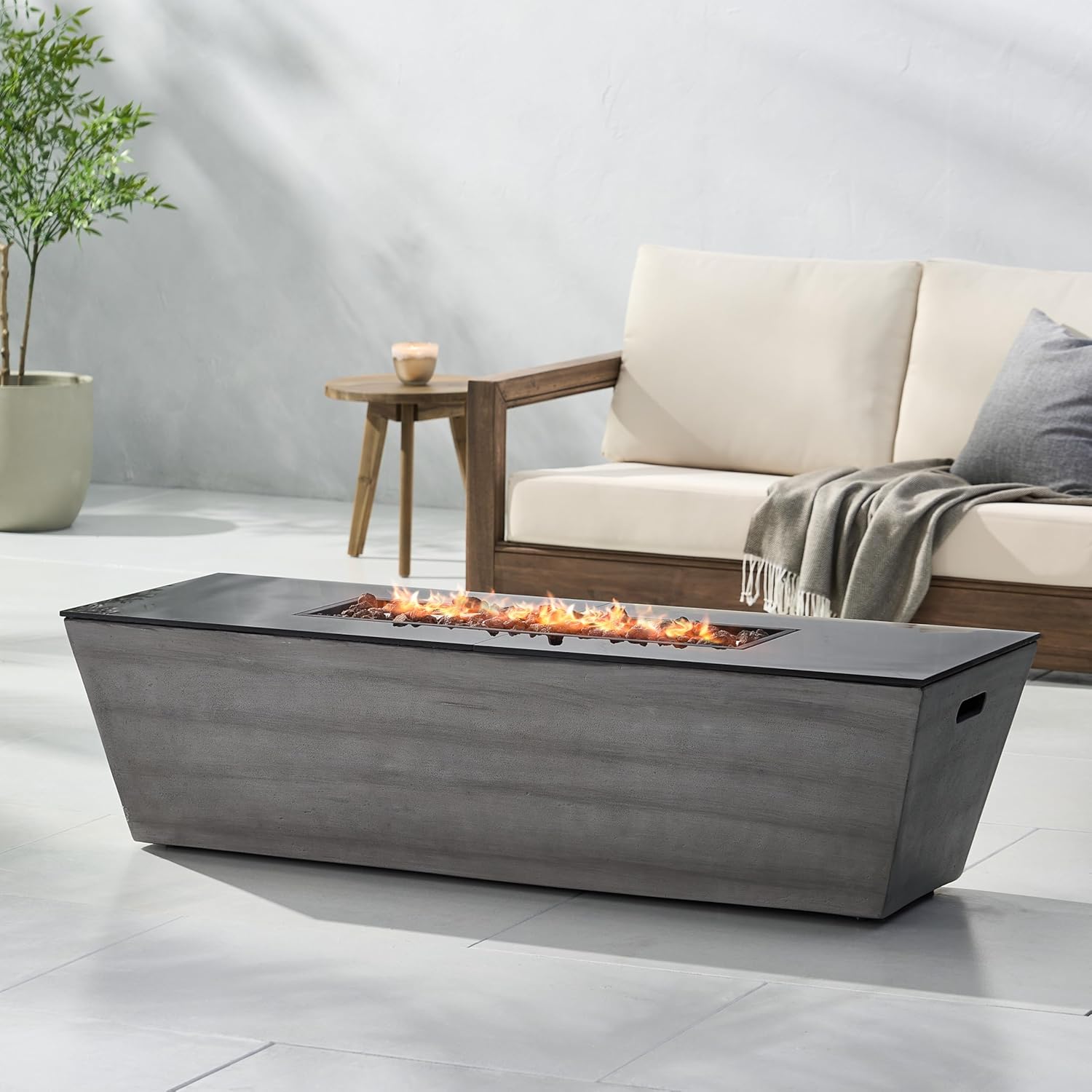 Roomfitters Rectangular Outdoor Fire Pit Table with Sleek Magnesium Oxide Base, Modern Patio Centerpiece, Gray