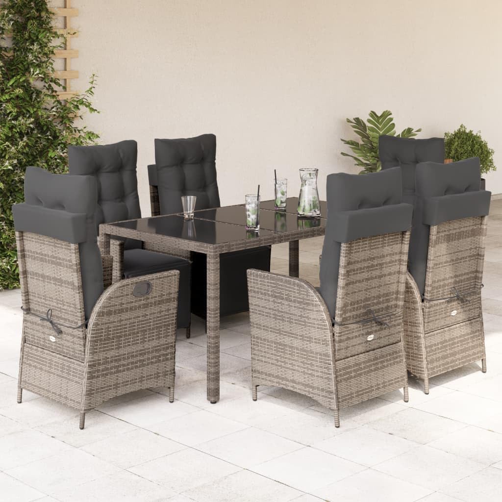 Furniture Sets 7 Piece Patio Dining Set with Cushions Gray Poly Rattan,Outdoor Dining Garden Table and Reclining Chairs Set with Adjustable Backrest and Footrest Garden Conversation Sets