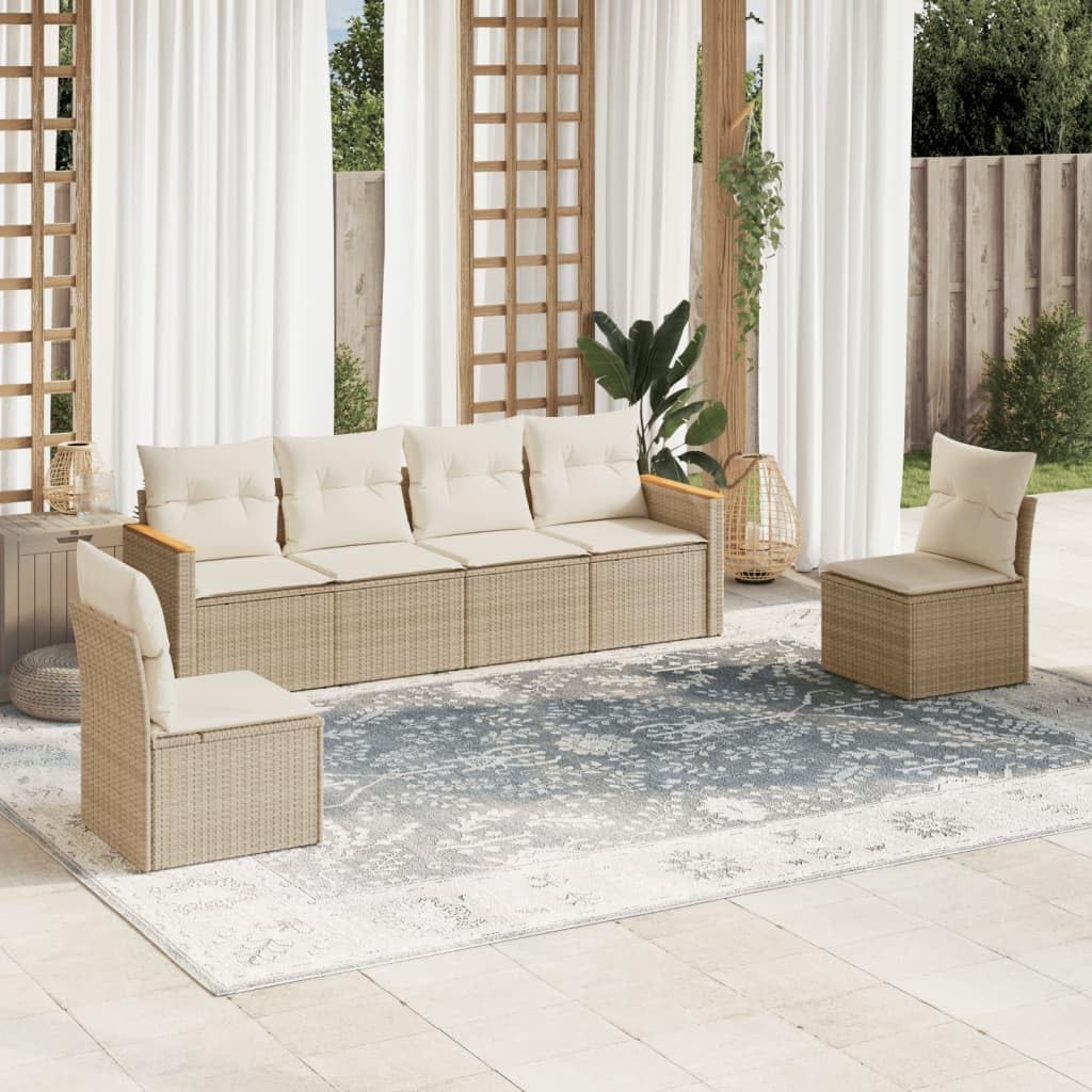 6-Piece Outdoor Sofa Set, Beige Synthetic Poly Rattan Patio Furniture with Cushions, Modular Garden Seating for Balcony, Backyard, Terrace