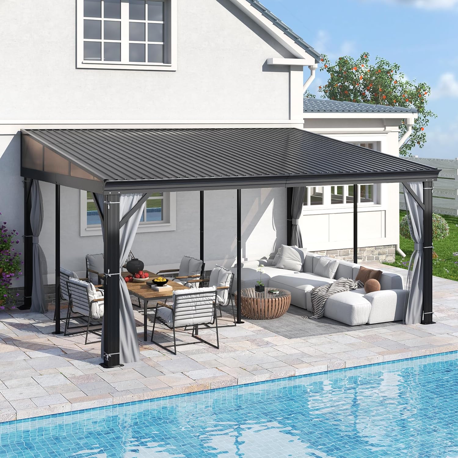 GARTOO 12' x 16' Lean to Hardtop Gazebo for Patio - Aluminum Frame Gazebos Pergola with Sloping Metal Roof, Outdoor Wall-Mounted Canopy Awnings to House for Patio, Garden, Lawn, Backyard Deck