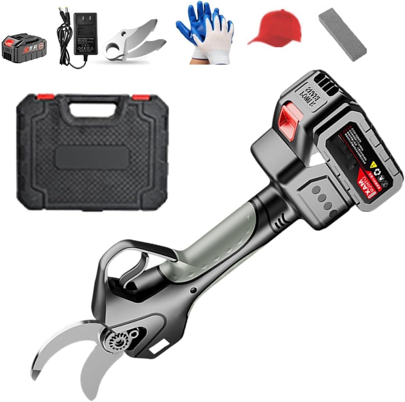 21V Electric Pruning Shears with LCD Display, 45mm Cutting Capacity, Rechargeable Battery Accessories (Battery, Charger, Gloves, Sunhat)
