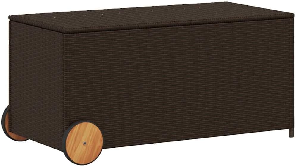 vidaXL Garden Storage Box - Brown PE Poly Rattan 50.2 Gal Wheel-Enhanced Outdoor Chest with Water- Bag - Acacia Wood Finish