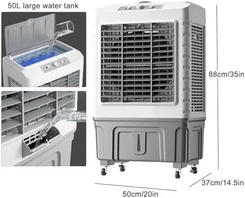 Water Cooler Fan Portable Evaporative Air Cooler, 3 Speeds Air Conditioner, 4 Ice Packs & 50L Water Tank, for Room, Factory & Office