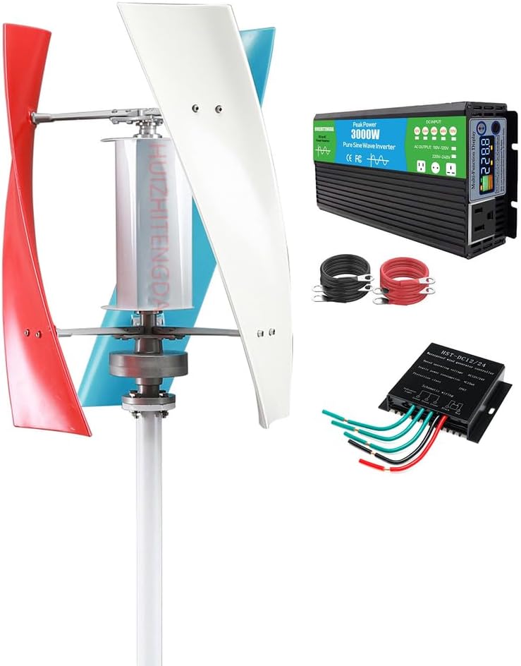 Low Noise Wind Turbine Generator Kit, 12V 24V 48V 3000W for Boats Gazebos & Houses Portable 3 Blade Windmill W/Controller and Power Inverter Converter