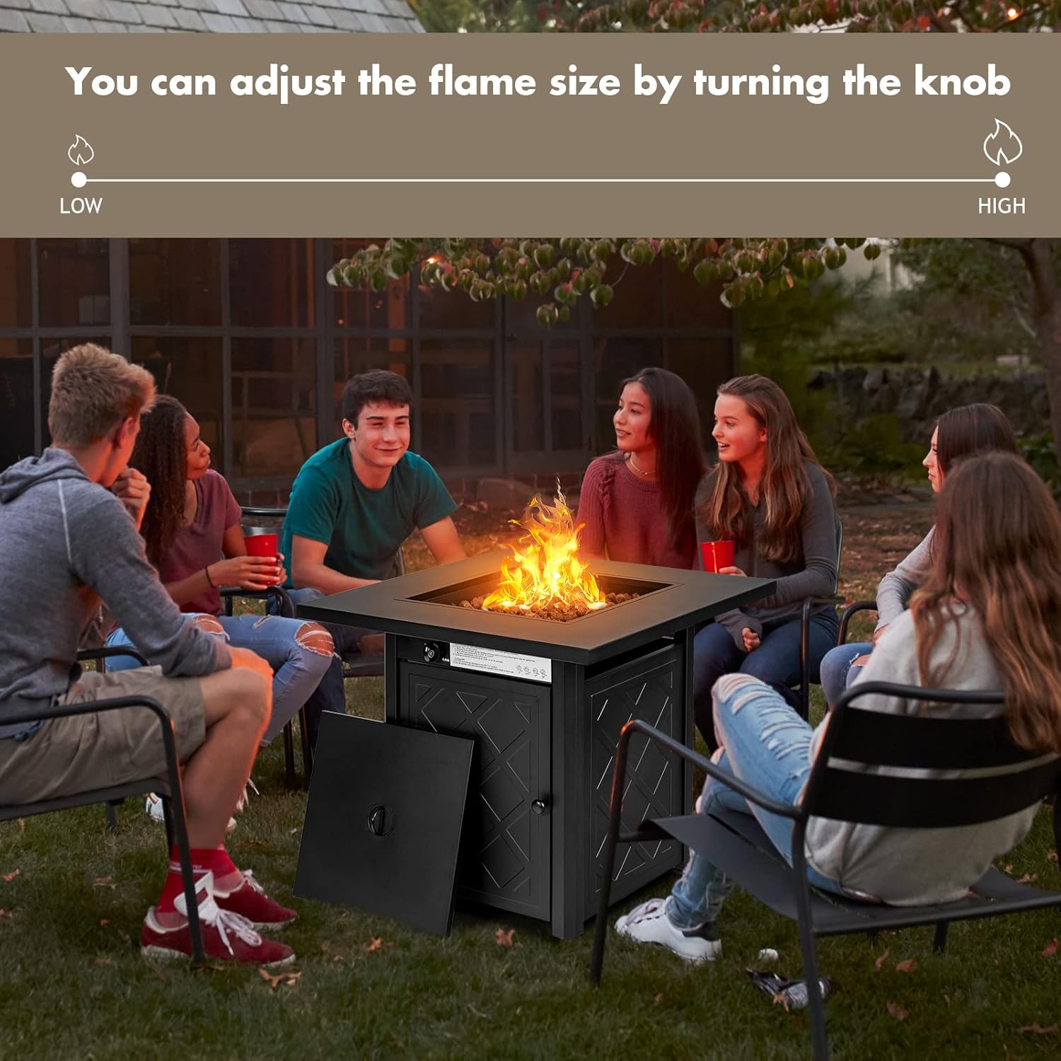 28-Inch Fire Table Outdoor, 50,000 BTU Gas Fire Pit Table with Metal Tabletop, Lid, Lava Rock, Electric Igniter & Hideaway Tank Holder, Propane Fire Table for Outside, Garden, Party(Black)