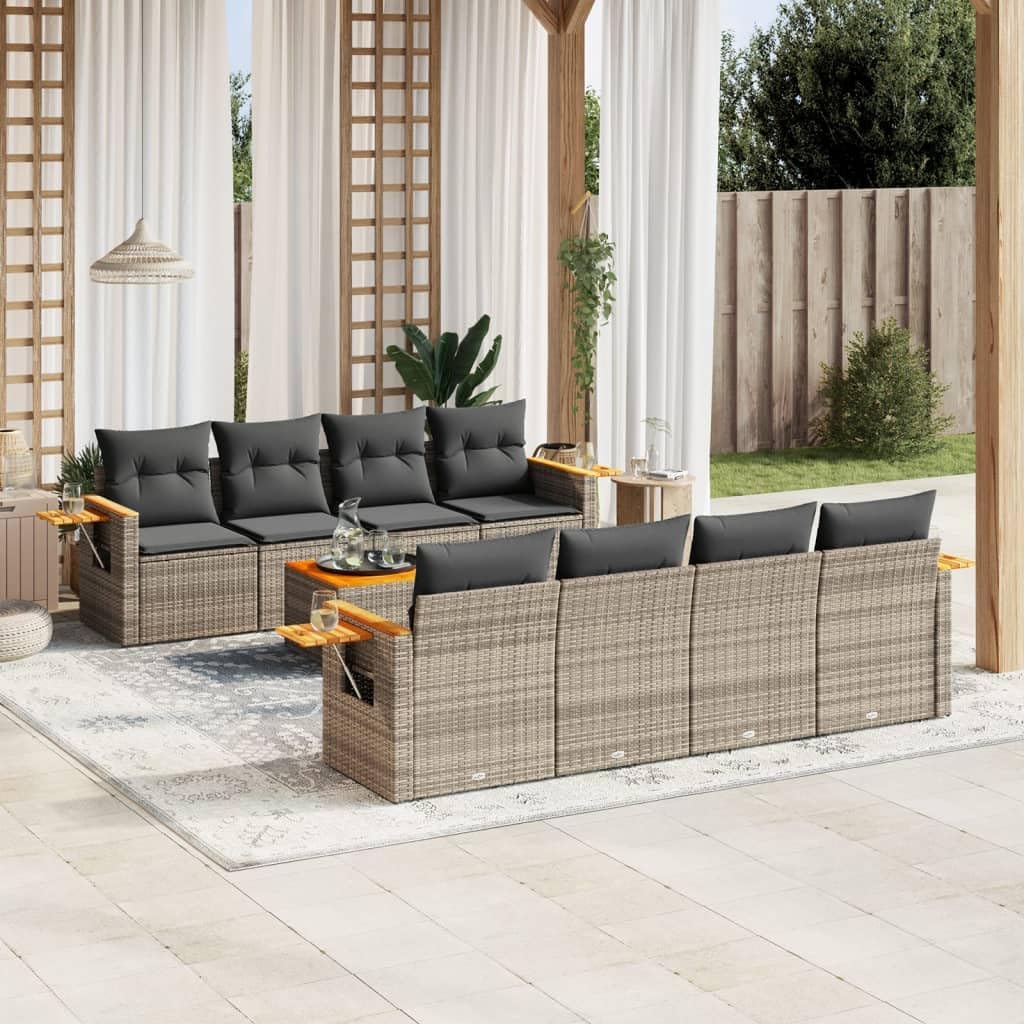 9-Piece Garden Sofa Set, Grey Poly Rattan Outdoor Patio Furniture with Modular Seating, Acacia Wood, Removable Cushions, and Side Table for Backyard Lounging