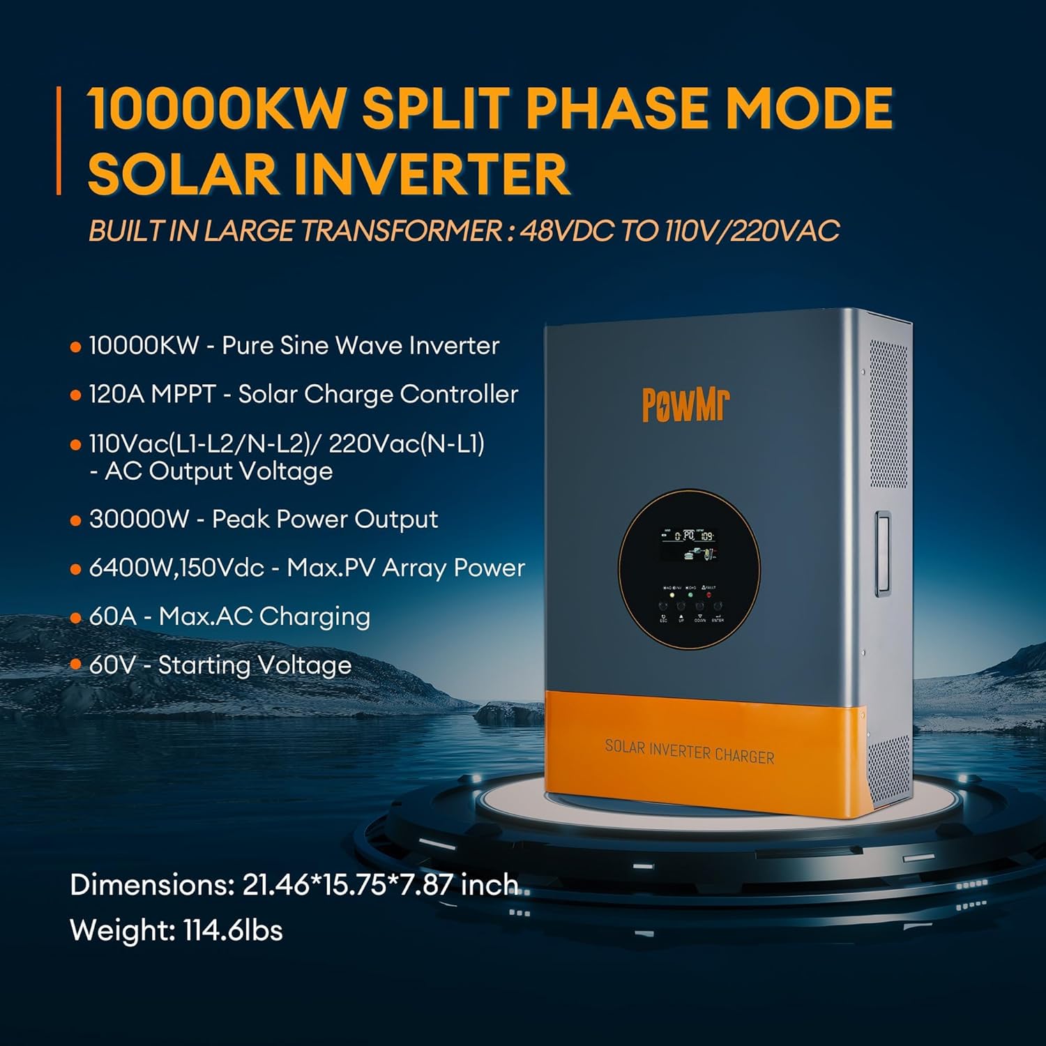 PowMr 10000W Solar Inverter 48VDC to 110V/220VAC, 10kW Hybrid Inverter w/ 120A MPPT Charge Controller Built-in, Pure Sine Wave for 48V Lead-Acid and Lithium Battery, Peak Power:30000W