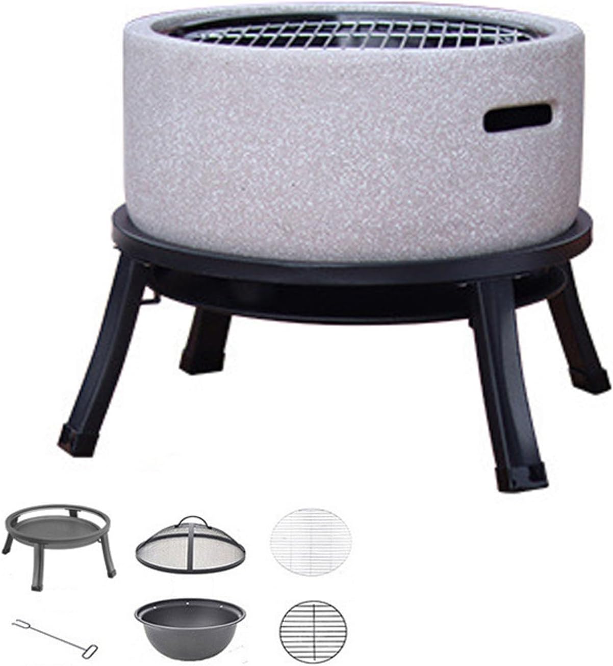 17in Round Fire Pit Combo, Outdoor Charcoal Stove, Hibachi Grill Outdoor with Marble, with Steel Bracket, for Barbecue, Outside Patio, Bonfires and Heating(White)