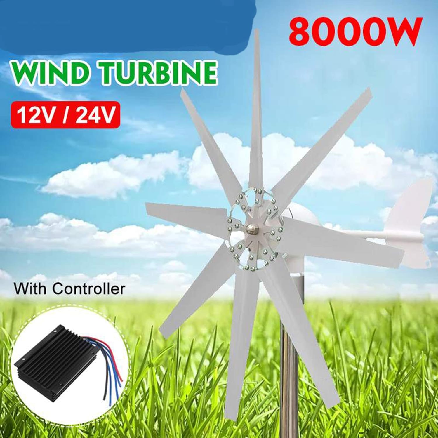 Wind Turbine Generator Kit 8 Blades 600W 12V 24V with Blade Wind Generator Kit with Charge Controller for Hybrid Solar Wind System(White)