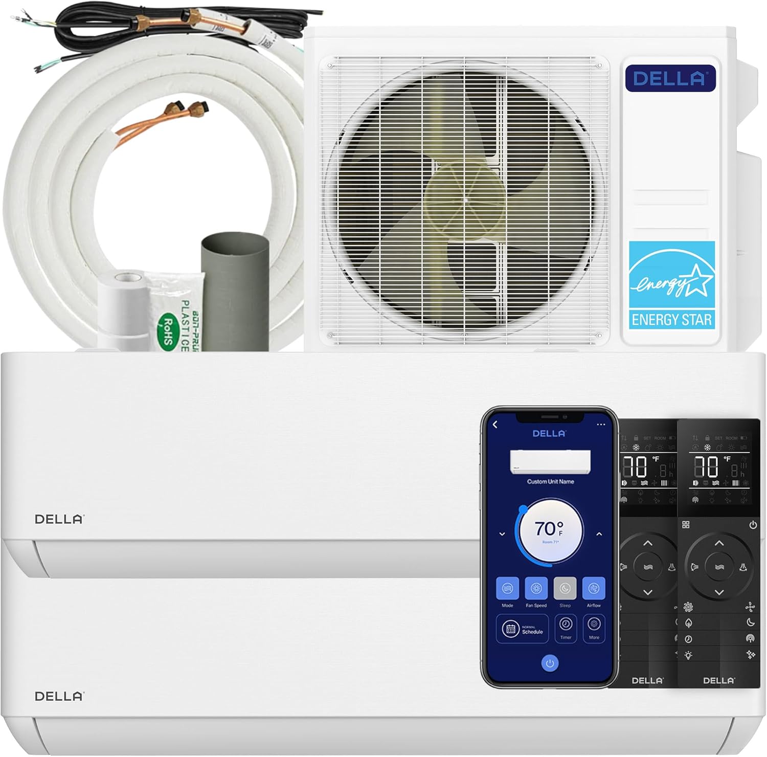 DELLA 27K BTU ODU 2 Zone 18K 18K BTU 24 SEER2 208-230V, Cools Up to 2000 Sq.Ft, Energy Star, Works with Alexa and Wifi, Multi Zone Mini Split AC Pre-Charged Heat Pump, 16ft Installation Kits