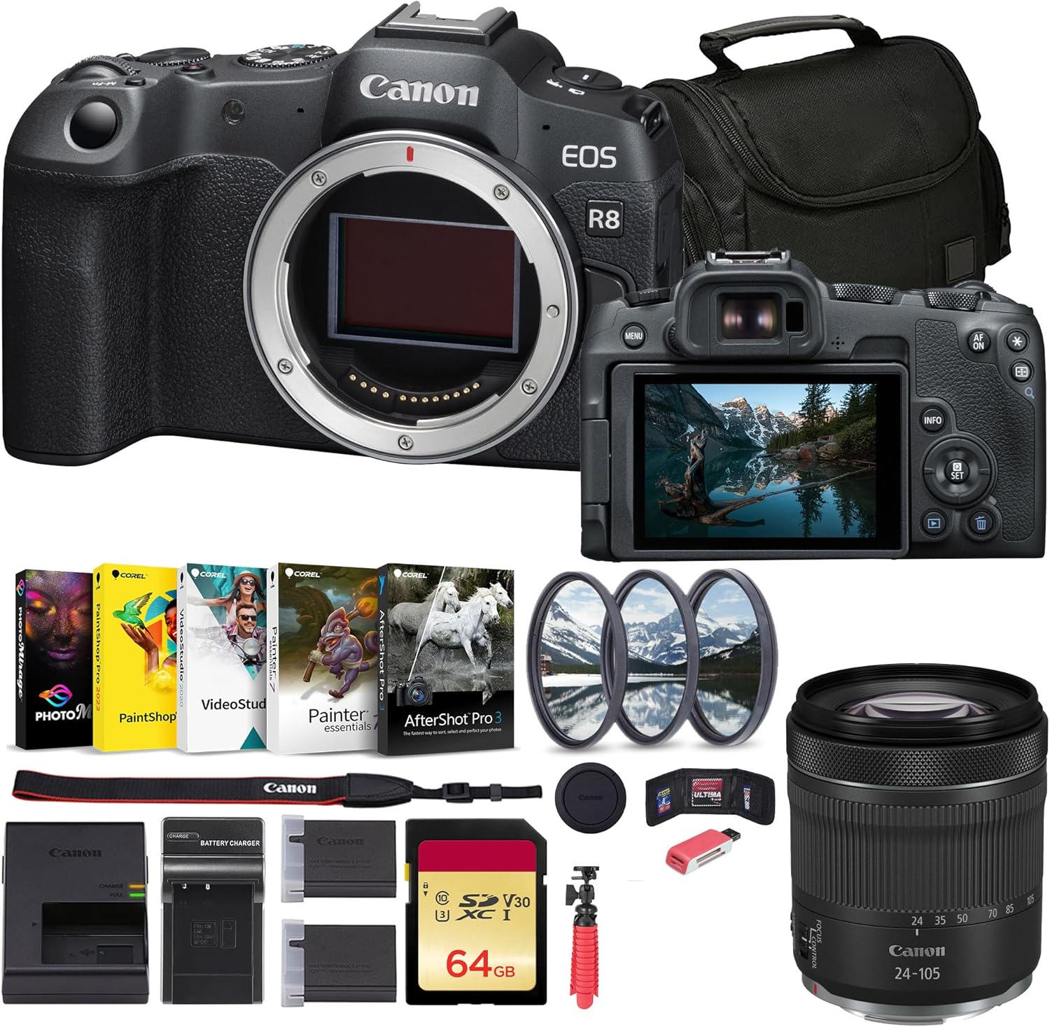 Canon EOS R8 Mirrorless Camera (5803C002) + Canon RF 24-105mm Lens + 64GB Memory Card + Filter Kit + Photo Software + Bag + Charger + LPE17 Battery + Card Reader + Flex Tripod + More (Renewed)