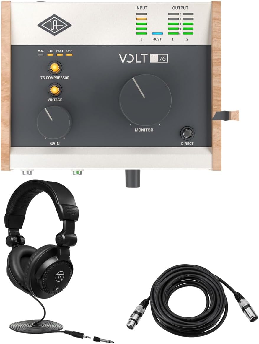 Universal Audio Volt 176 Portable 1x2 USB Type-C Audio/MIDI Interface with Built-In Compressor, Bundle with TAPH100 Headphones and 25' XLR Microphone Cable