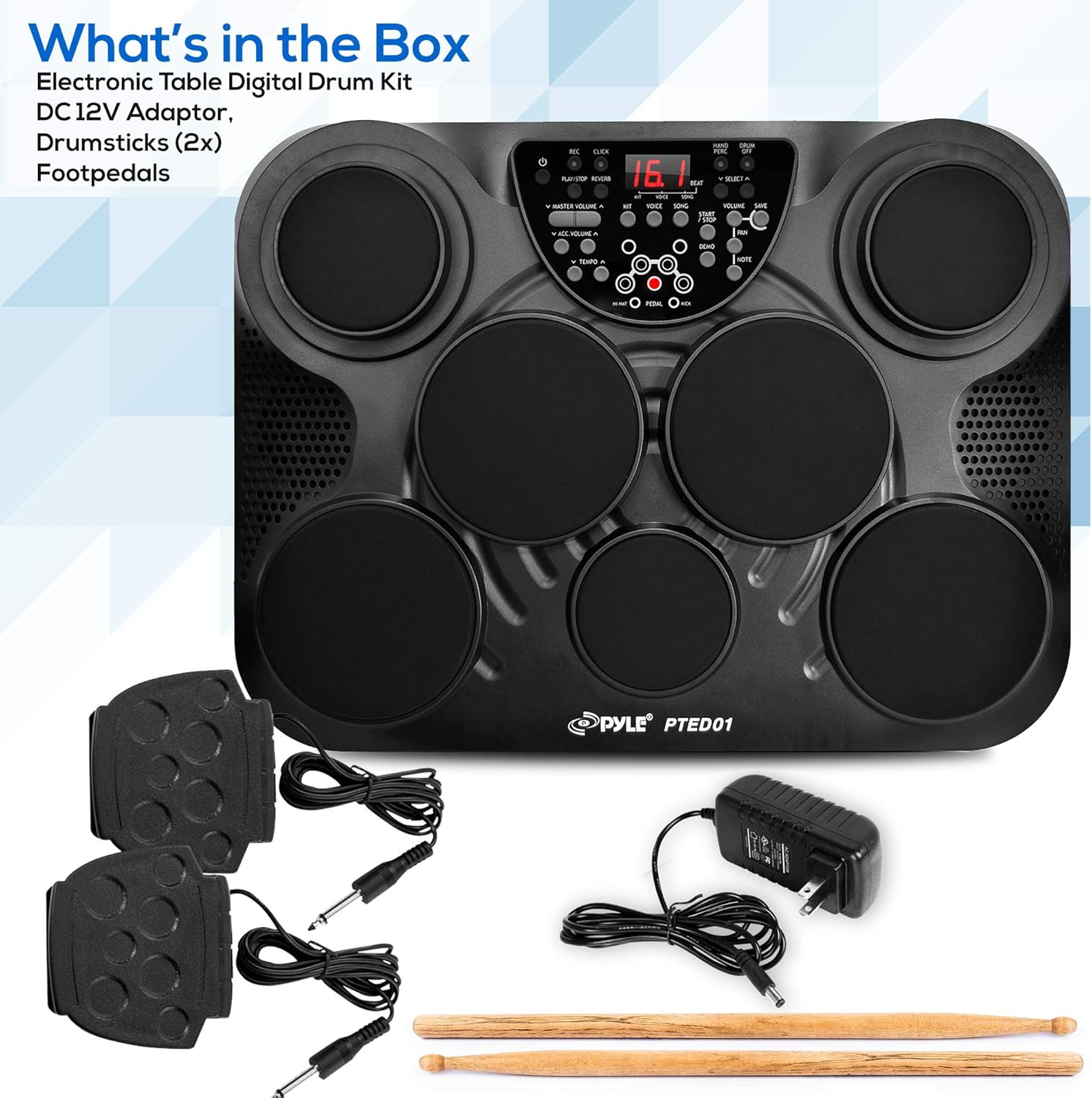Pyle Electronic Tabletop Digital Drum Set, Compact Portable Drum Pad Kit w/ 8 Touch Sensitive Pads and Pedals, 600 Sounds, USB & Headphone Outputs, MIDI/AUX Inputs, 4x5” Drums & 4x3.5” Cymbals