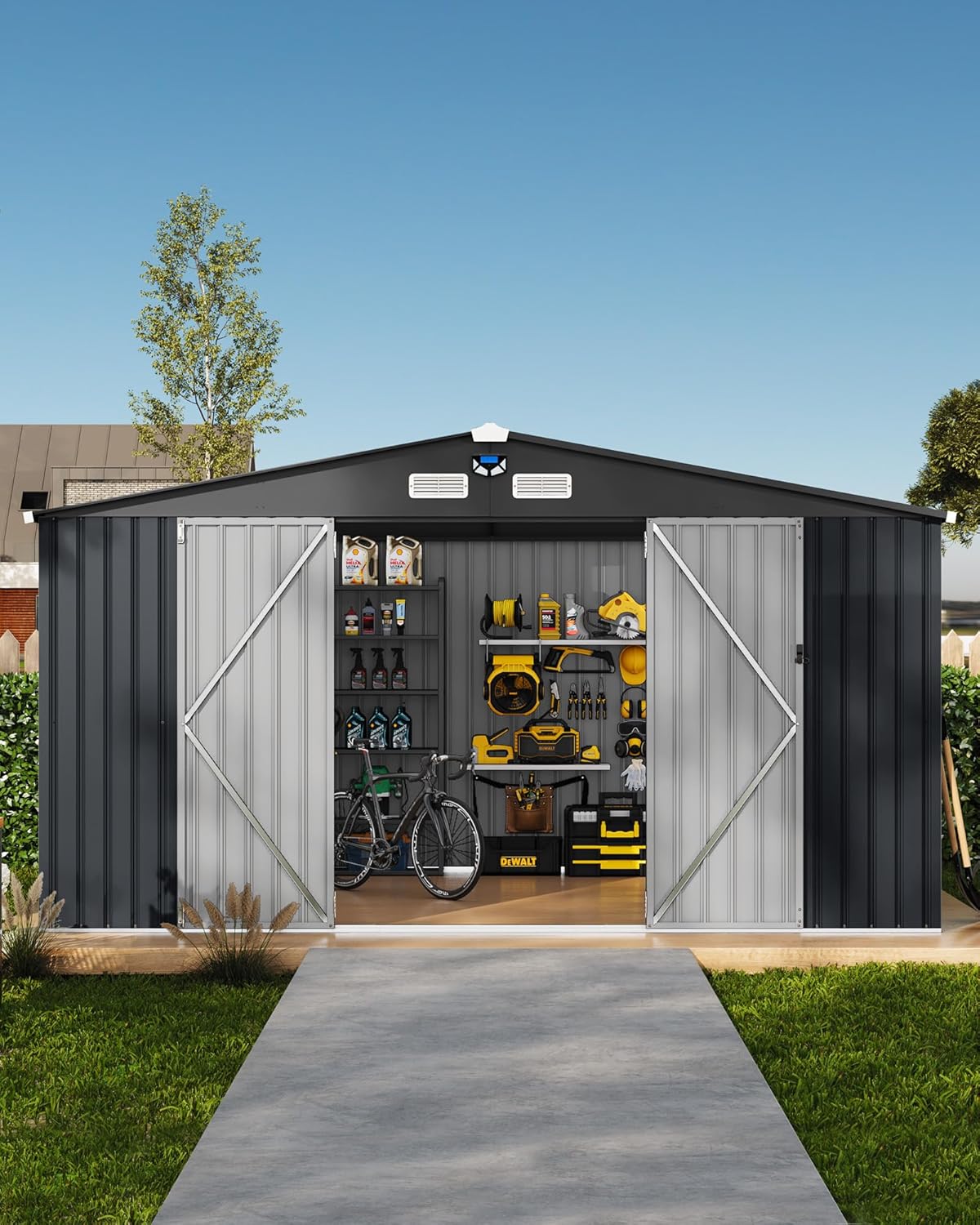 10x12 ft Outdoor Storage Shed, Metal Garden Tool Shed with Updated Frame Structure, Lockable Doors and Windows, Ideal for Backyard Garden Patio Lawn, Dark Gray