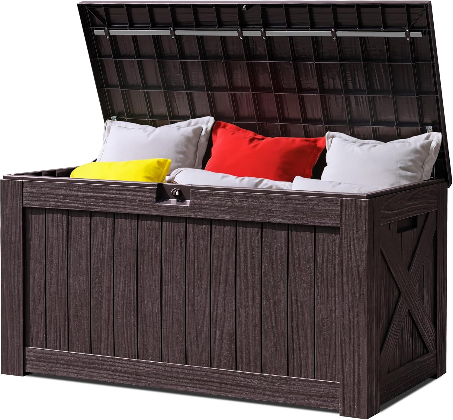 Greesum 120 Gallon Outdoor Storage Box with Lock - Woodgrain Plastic Deck Box, Reinforced Lid & Heavy Duty Design, Easy Assembly for Garden, Patio, Lawn, Dark Brown
