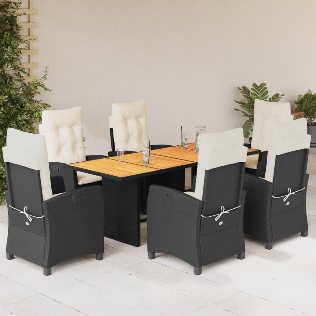 7 Piece Patio Dining Set with Cushions Black Poly Rattan Garden Furniture