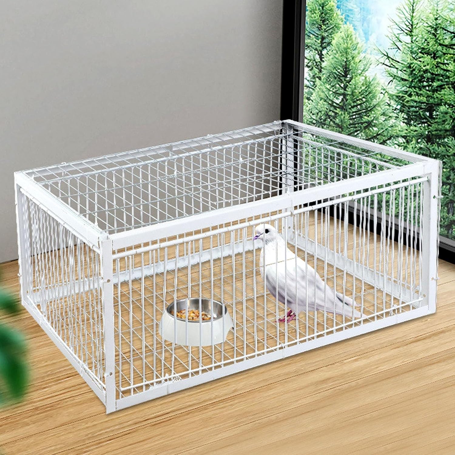 Pigeon Trap, Auto Bird Cage with 4 Entrances, One-way Design for Small Birds, Suitable for Gardens, Balconies, Farms and Warehouses (White, 35.43cm)