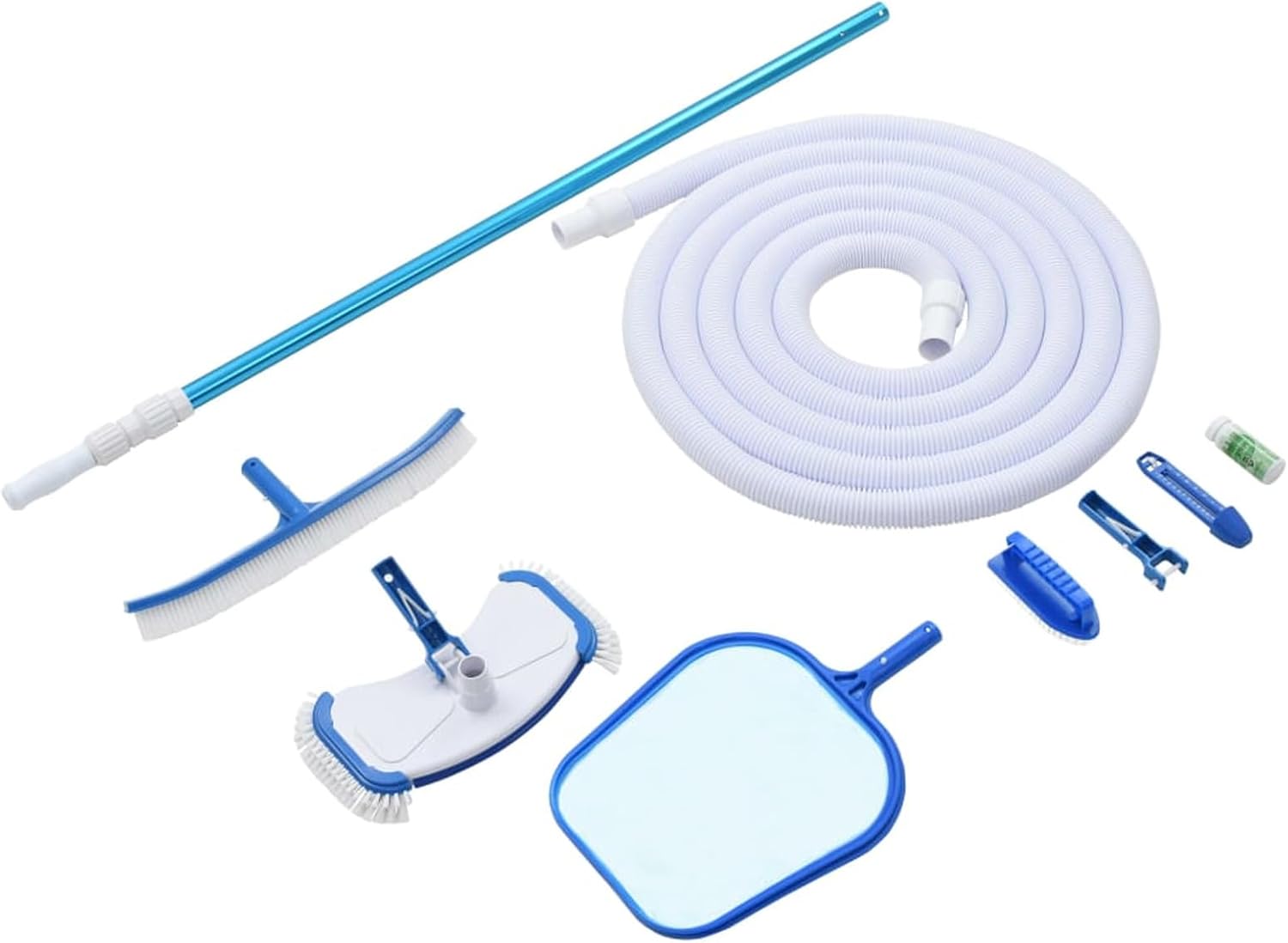 9 Piece Pool Maintenance Kit, Durable ABS Material with Adjustable Aluminum Pole, Vacuum, Skimmer, Wall Brush, Scrub Brush, Thermometer, Test Strip, White Hose for Above Ground Pools